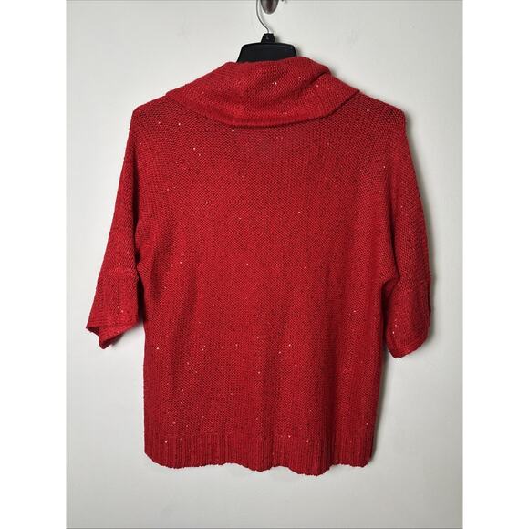 Chico's Red Sequin Sweater Size 2/Large Cowl Neck Shimmer 3/4 Sleeve Holiday - Picture 2 of 8
